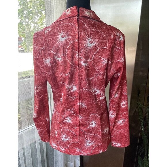 Vintage 1970s top, red and white abstract floral pattern, long sleeves blouse - Picture 5 of 10